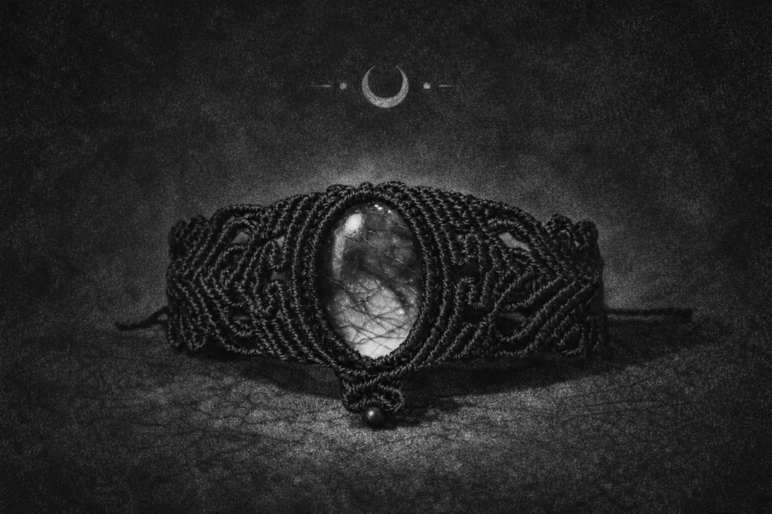 Reliques en macramé noir et pierres naturelles