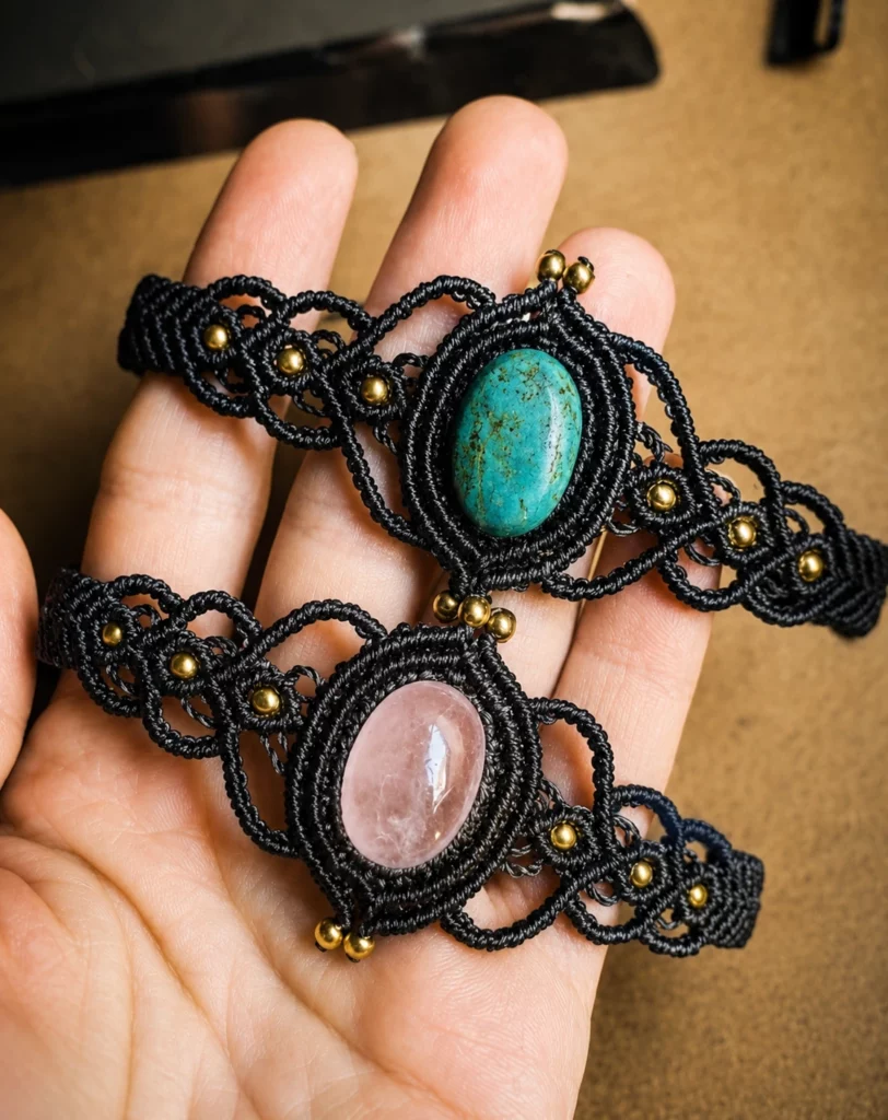 bijoux en micro macramé et pierre naturelles serties